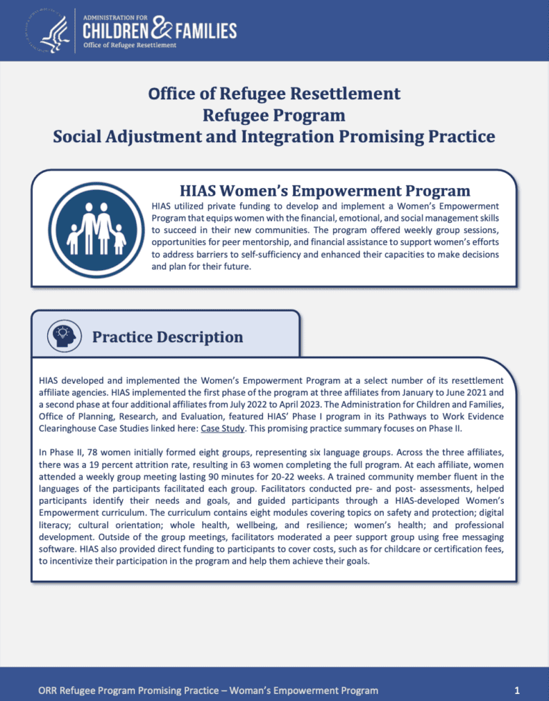 Office of Refugee Resettlement Refugee Program Social Adjustment and Integration – Women’s Empowerment Program